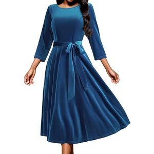 Dresstells Elegant Blue Midi Dress Tea Length